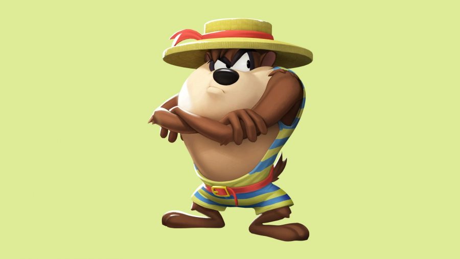MultiVersus skins: an image of Taz with a boater hat and an old-fashioned striped bathing suit