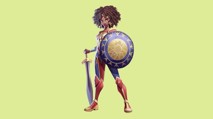 MultiVersus skins: a Wonder Woman with brown afro hair and a sword and shield