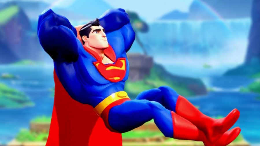 MultiVersus Superman combos: an image of Superman relaxing in front of a blurred waterfall