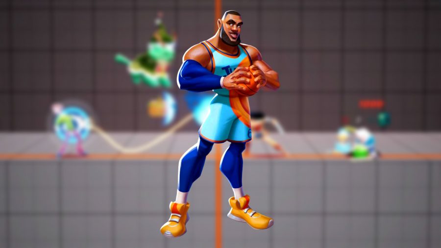 MultiVersus tier list LeBron James: an image of LeBron in Tune Squad uniform infront of a blurred image of the Training stage