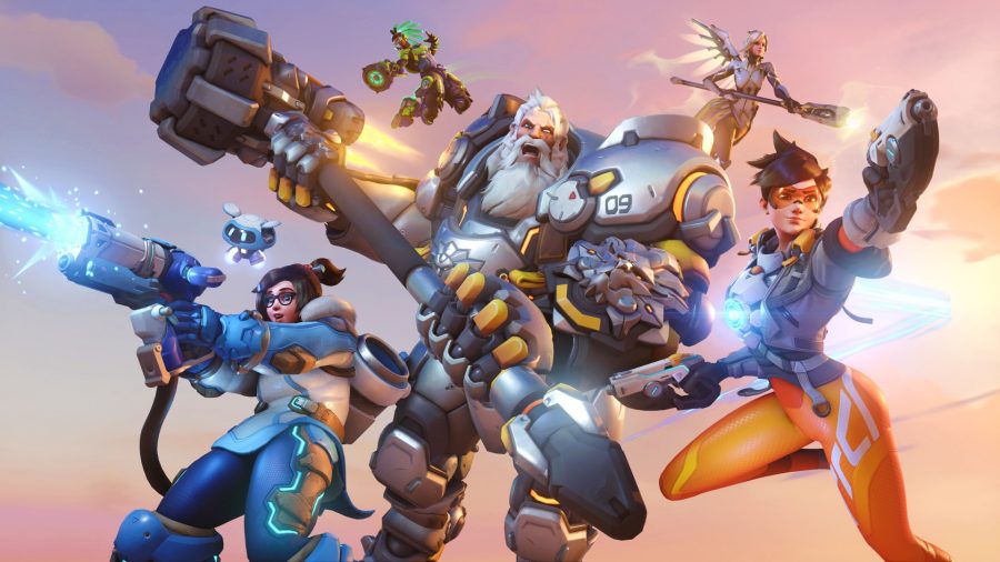 overwatch 2 game pass reinhardt tracer mei and mercy fighting in the blizzard game