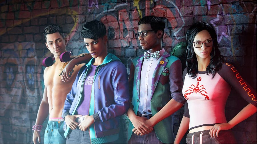 Saints Row Characters: Neenah, The Boss, Kevin, and Eli can be seen leaning against a wall.