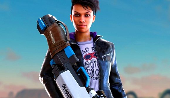 Saints Row gone gold launch: an image of a woman holding a rocket launcher in a leather jacket