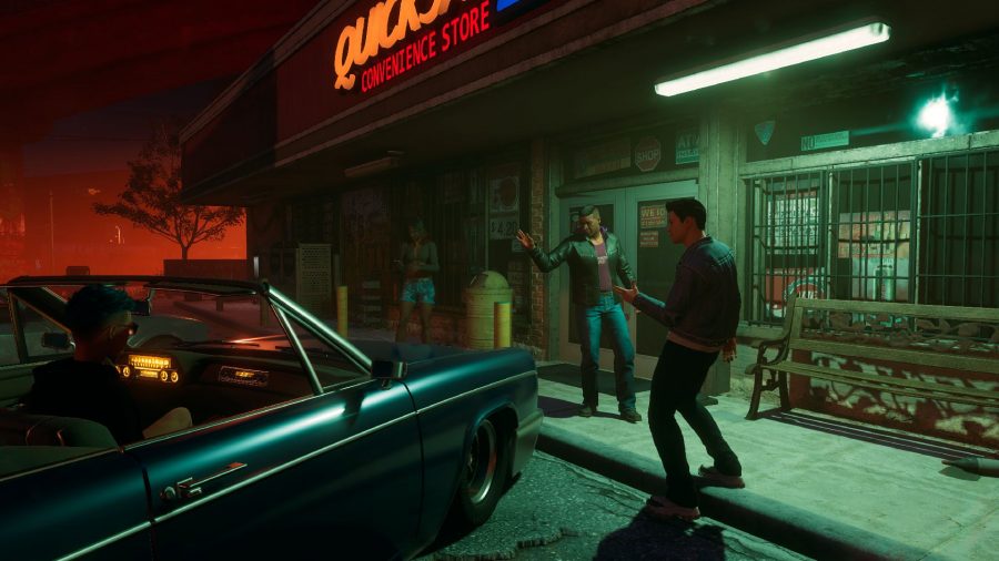 Saints Row Preview: The Boss can be seen in a car at the door of a shop as two people stand by them
