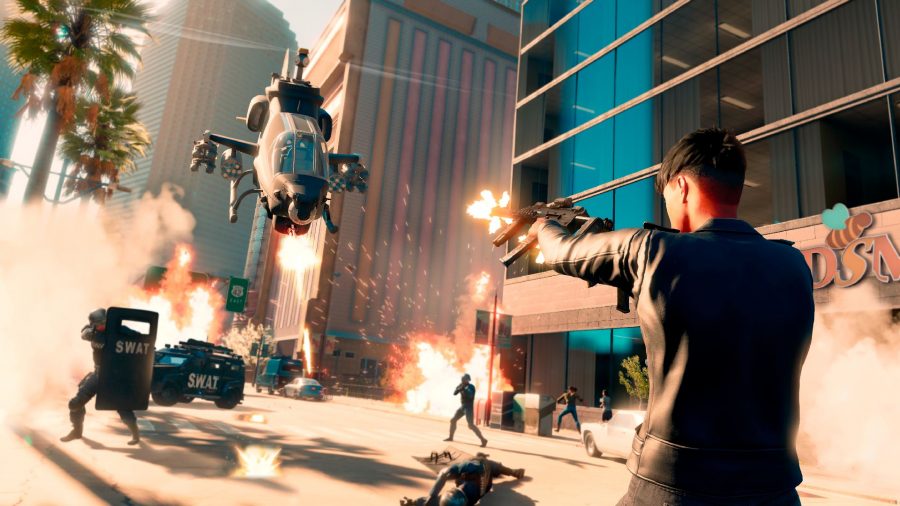 Saints Row Preview: The Boss can be seen shooting at a helicopter as choas ensues