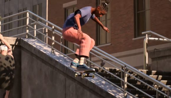 Skate 4 non-binary: a skateboarder jumps from a set of stairs