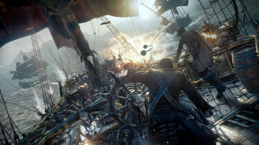 Skull and Bones Play Solo: A man can be seen steering a ship as it is being attacked.