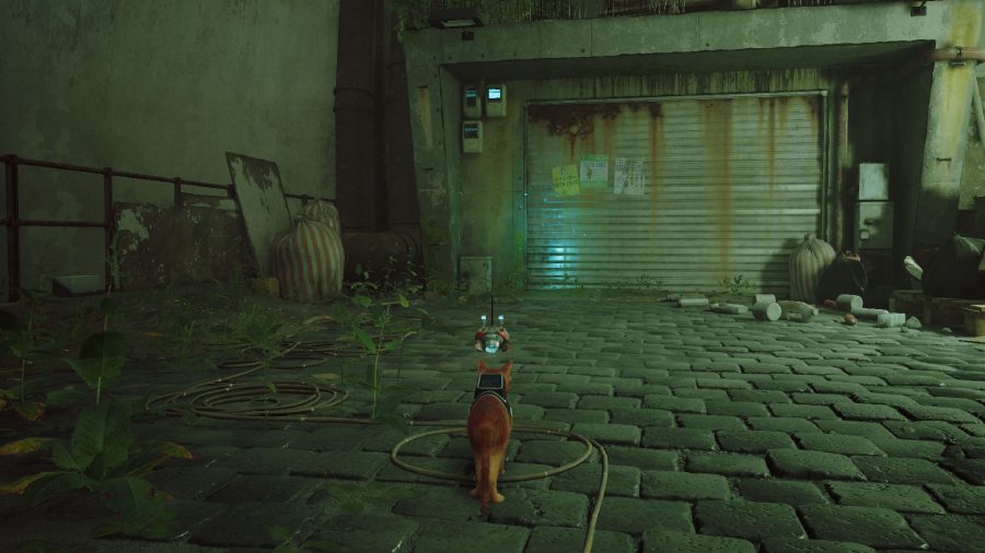 Stray B-12 Memories Locations: The cat can be seen looking at a garage door.