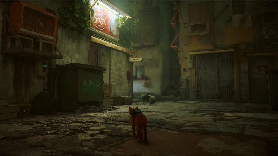 Stray B-12 Memories Locations: the cat can be seen looking down an alleyway.