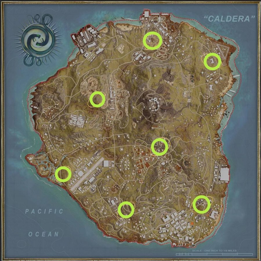 Warzone Mercenary Vault locations map: an image of Caldera with locations marked