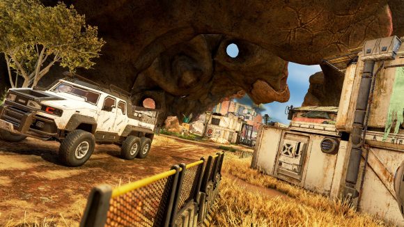 Apex Legends Season 14 Skull Town Changes Relic: an image of a town street underneath a giant animal skull