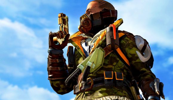 Apex Legends Season 14 weapon changes: an image of a bald Caustic holding a golden pistol in the air