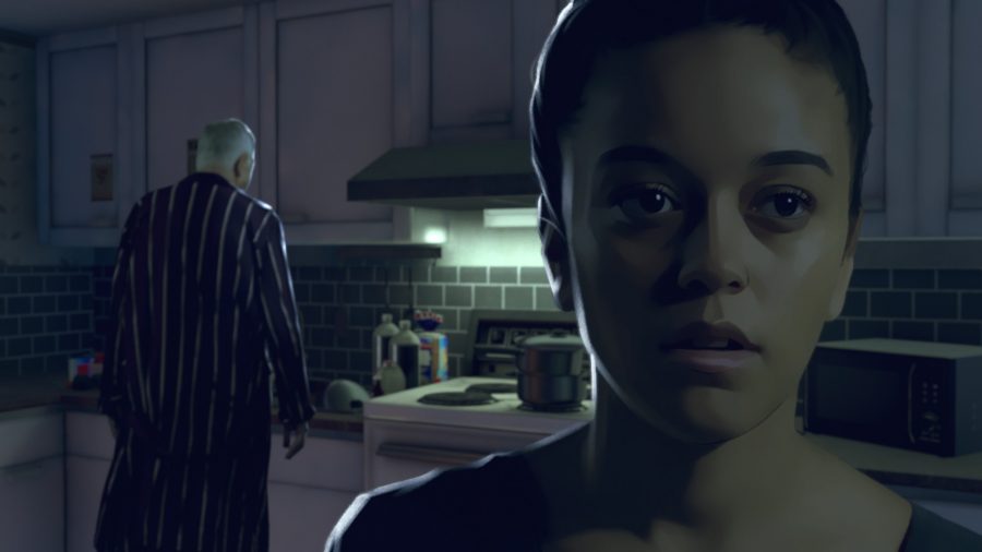 As Dusk Falls interview: Zoe looks worried while Jim scuttles in the kitchen