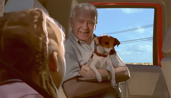 As Dusk Falls paintings: Jim laughs with Zoe as he holds Zeus in his arms