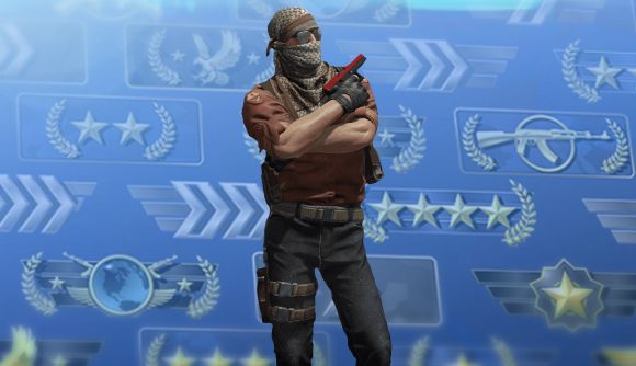 CS:GO ranks reset: A T-sided player stands on a blue background covered with cS:GO ranks