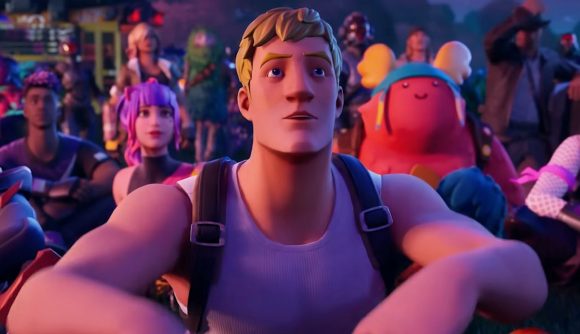 Fortnite crash pads unvaulted: Jonesy from fortnite gazes up as other characters sit on the ground behind him
