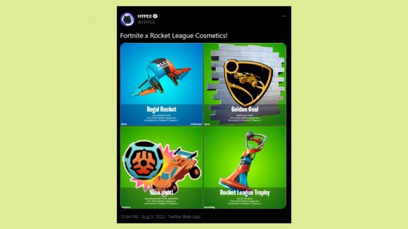 Fortnite leaks Rocket League Championship Series: An image showing a tweet displaying four RLCS cosmetics in Fortnite
