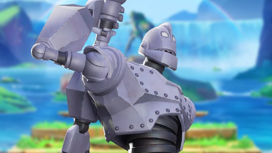 MultiVersus Iron Giant combos: an image of a giant robot scratching his back