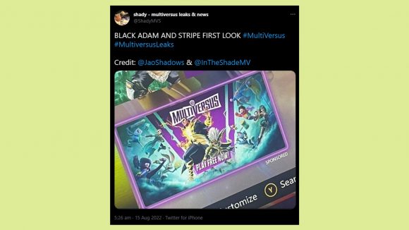 MultiVersus leaks Black Adam Stripe Gremlins: an image of a tweet showing the leaked advertisement