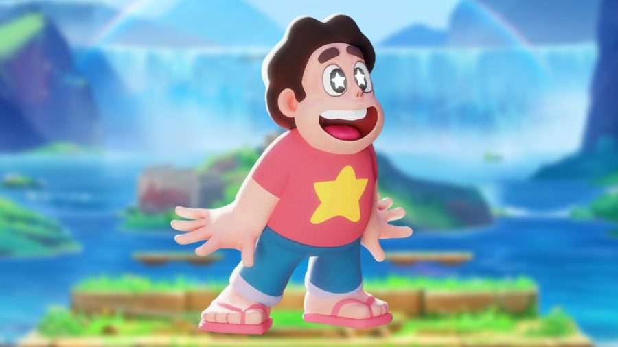 MultiVersus Steven Universe combos: an image of a cartoon boy with a star on his shirt and stars in his eyes