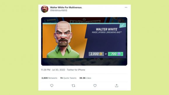 MultiVersus Walter White: A screenshot of a tweet showing Walter White concept art for multiversus, set on a green background