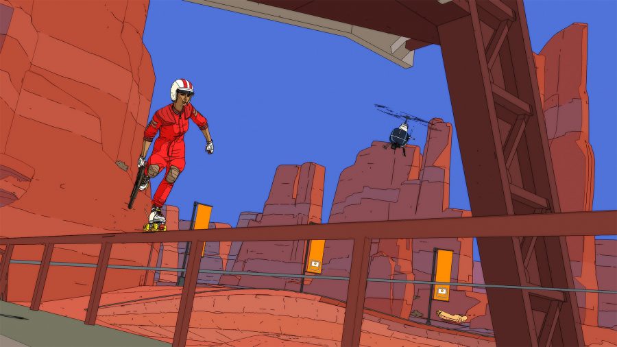 Rollerdrome review PS5: A rollerskater in a red jumpsuit grinds along a rail in a desert setting