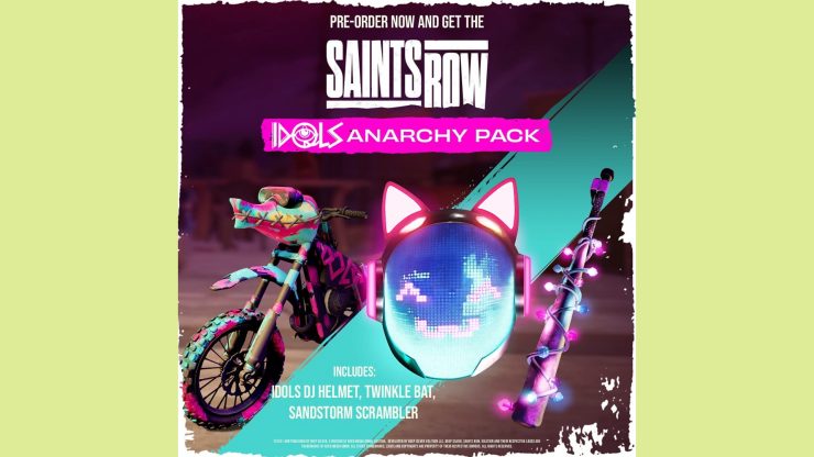 Saints Row pre-order bonus: The Idols Anarchy Pack. Text reads "Pre-order Saints Row and get the Idols Anarchy Pack" and image shows the unique bat, bike, and helmet that this pack provides.