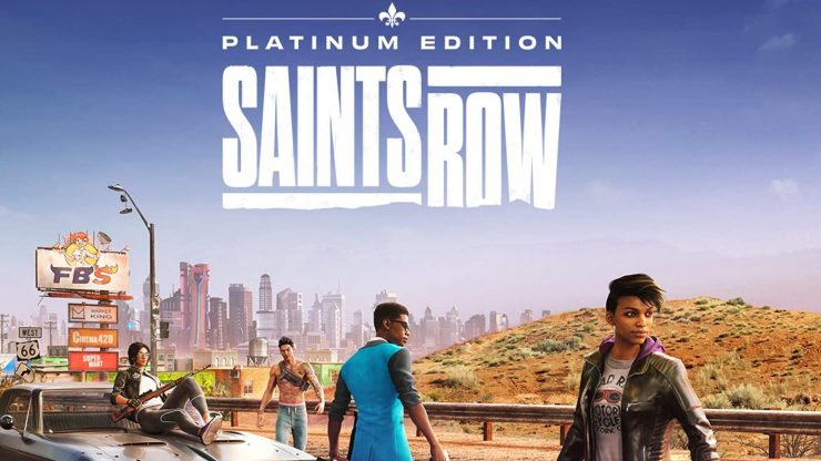 Saints Row pre-orders: artwork shows the platinum edition of the game's logo, with a group of characters standing under a darker sky than that seen on the Gold Edition, but the image is otherwise the same.