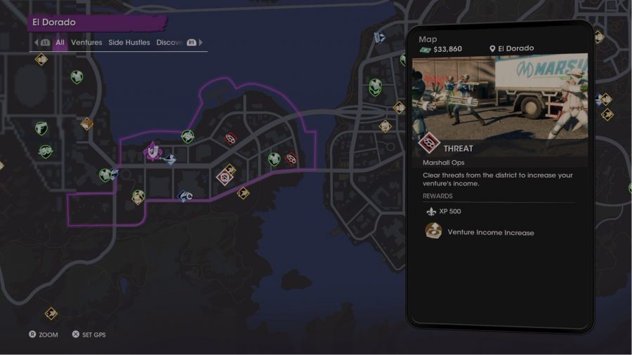 Saints Row Threats: A map showing what the Threat icon looks like can be seen.
