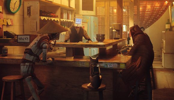 Stray speedrun Update 1.03 patch notes: the Stray cat sat on a bar stool, surrounded by robotic figures
