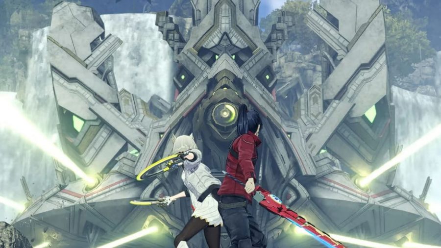 Xenoblade Chronicles 3 Review: Noah and Mio can be seen in front of a giant hulking machine