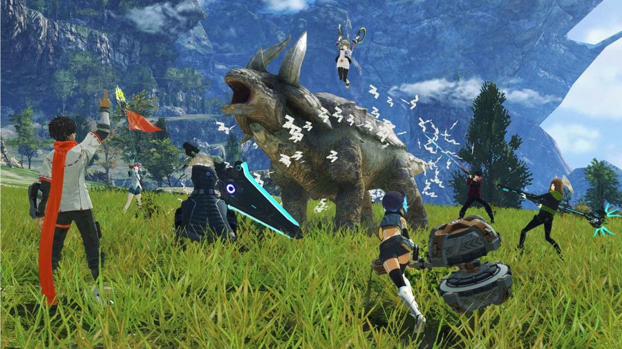 Xenoblade Chronicles 3 Review: Mio, Noah, Taion, Sena, Lanz, and Eunie can be seen fighting a creature