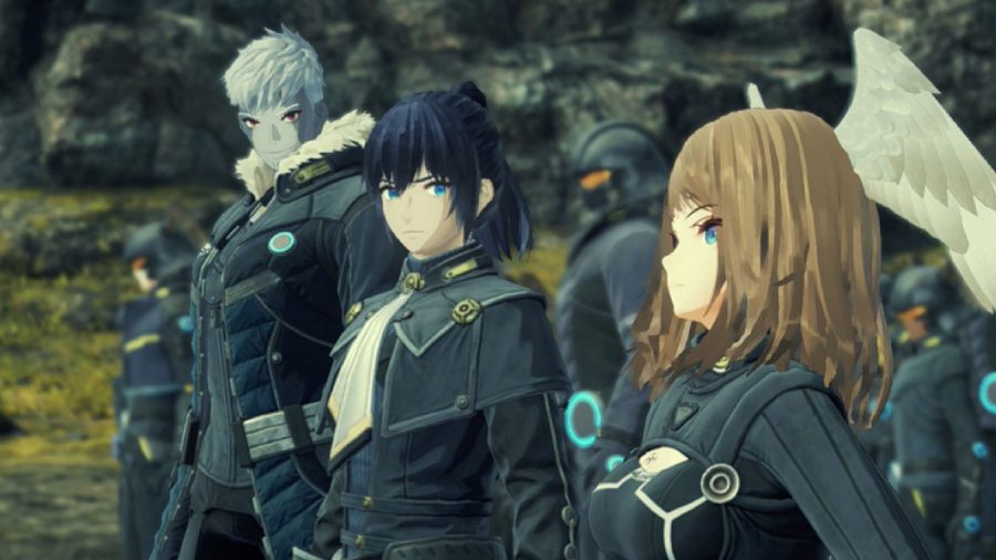 Xenoblade Chronicles 3 Review: Eunie, Noah, and Lanz can be seen with their Kevesi army