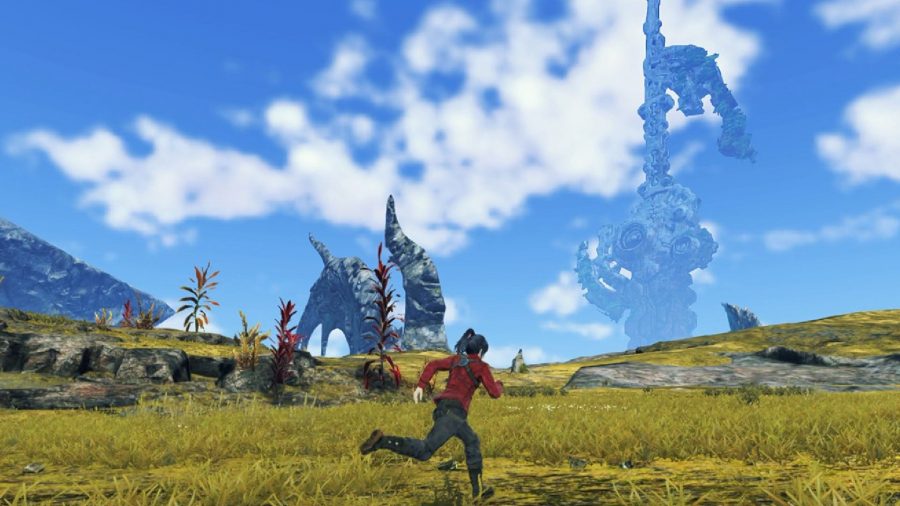Xenobalde Chronicles 3 Review: Noah can be seen running across a large field with a sword monument towering in the background.